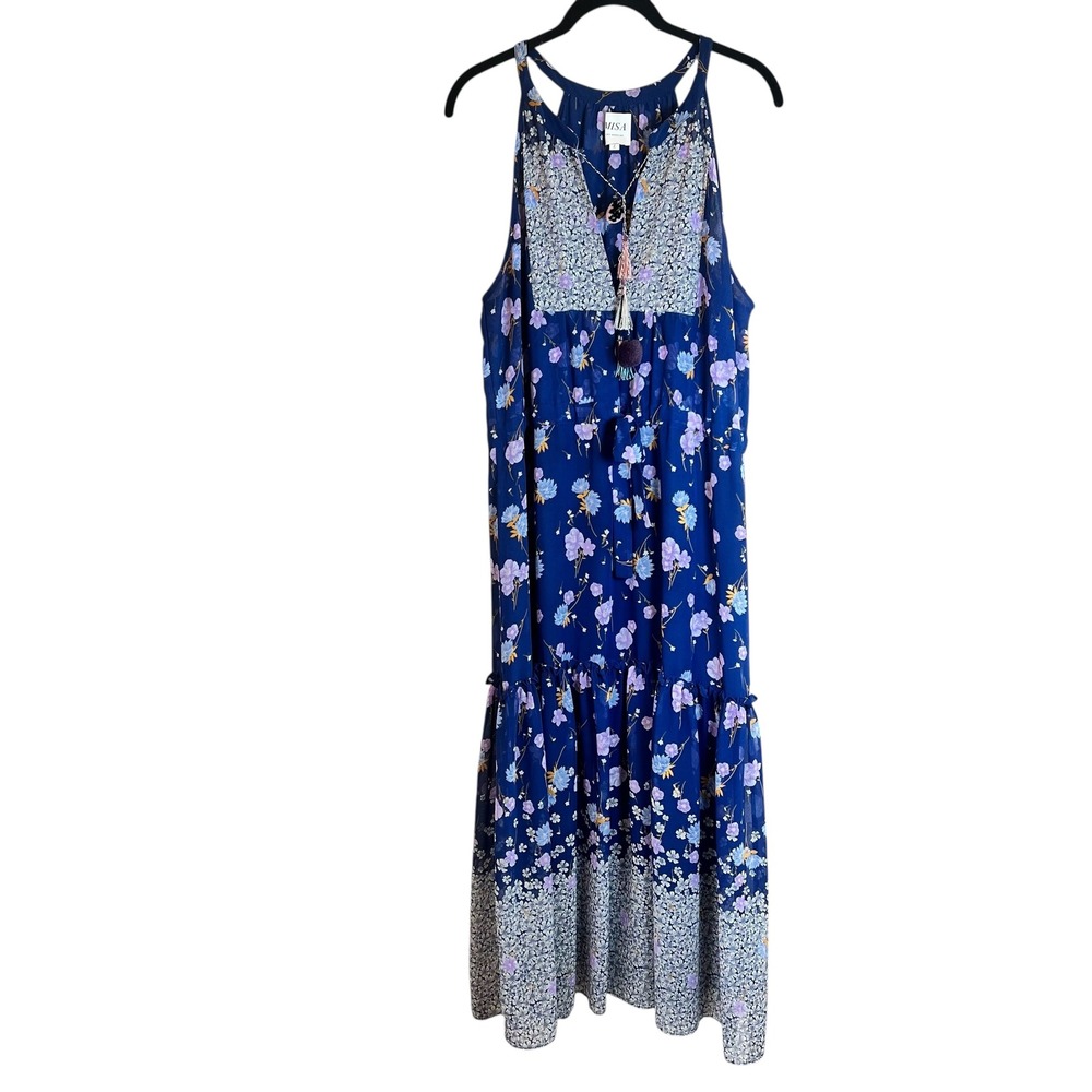 MISA Los Angeles Blue Floral Tassel Maxi Dress Sleeveless Halter Boho Large